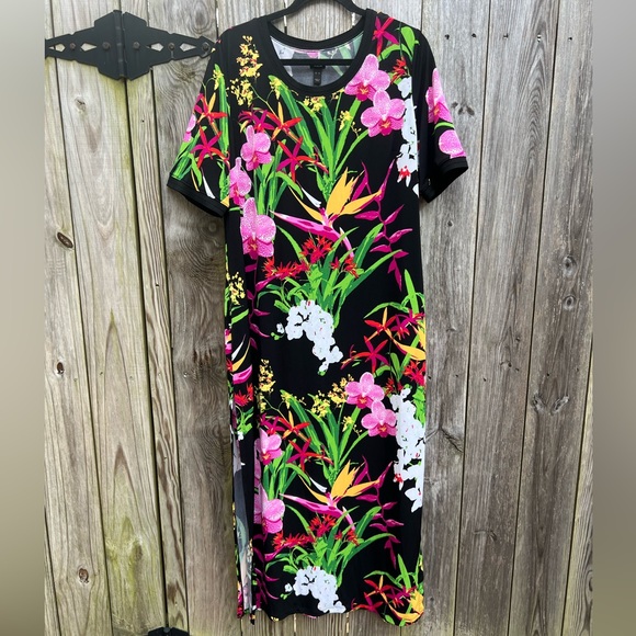 G.I.L.I. Floral Slit Tropical Black Pink Maxi Shift Dress Women’s XL - Picture 4 of 13